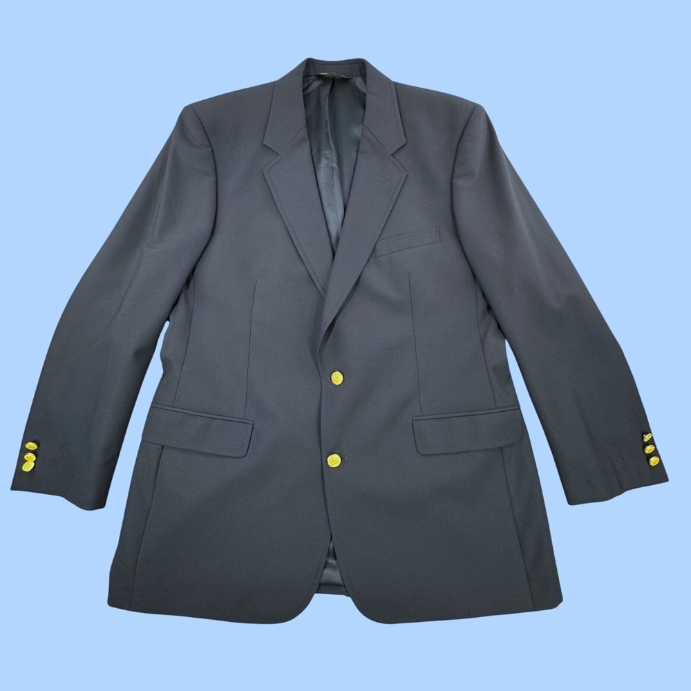 Brooks Brothers Brooksease Mens 43L Navy Blue Wool Gold Button Blazer Sport Coat